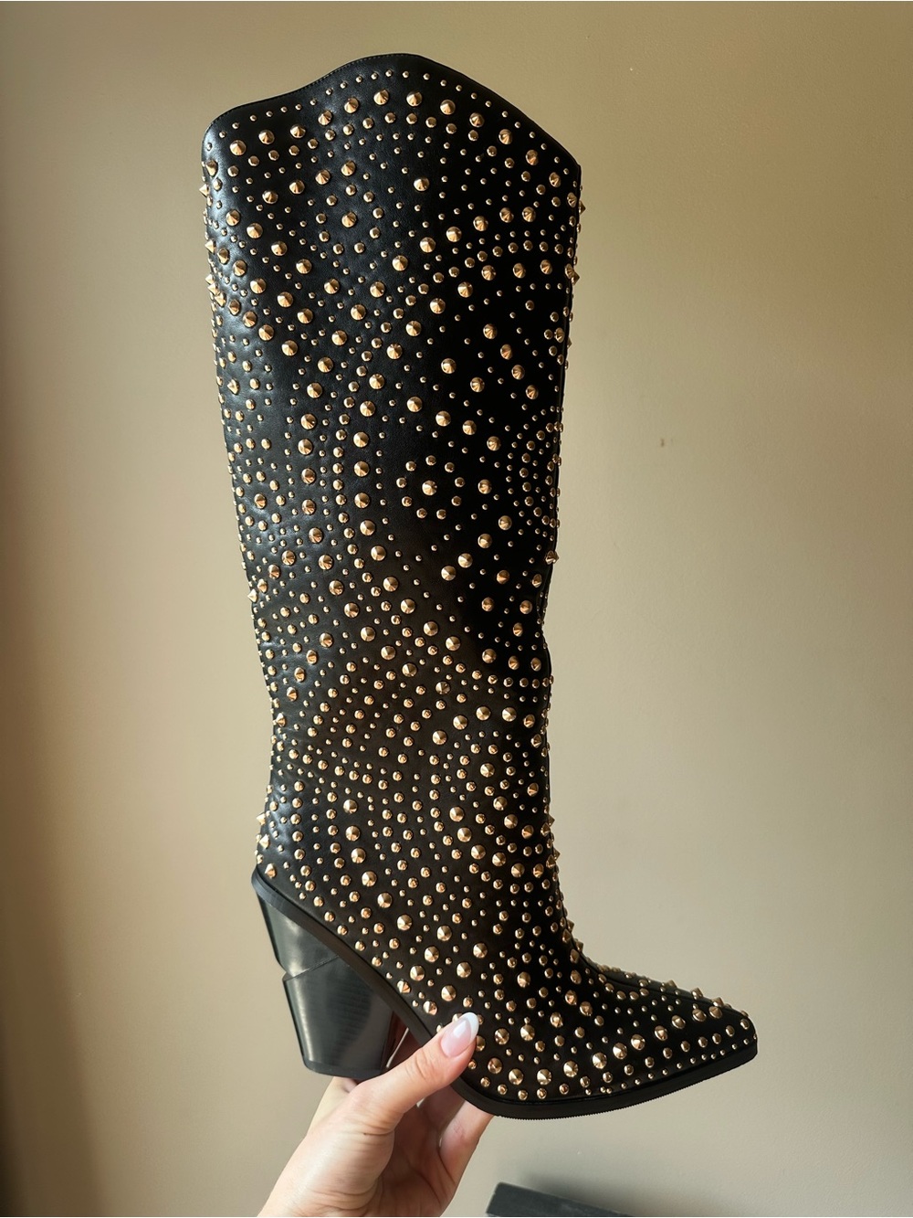 Studded Black Heeled Knee-High Boots - Elegant Western Style - Picture 3 of 6